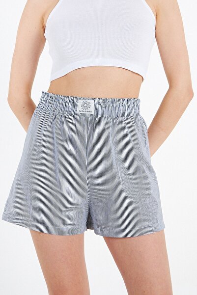 Jardin du Soleil %100 Pamuk Yüksek Bel Lacivert Çizgili Şort
