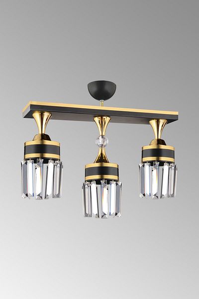 SONSUZ AYDINLATMA&AVİZE Tokyo 3-Piece Black Row Plafonier with Crystal Stone and Yellow Strip Cylinder Downward Facing Luxury Chandelier