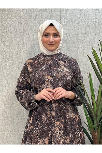 Butik büyük beden Kemerli Şifon Desenli Elbise