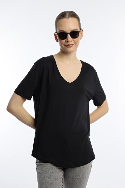 QUHOX Γυναικείο T-Shirt από ύφασμα μπαμπού με λαιμόκοψη σε μαύρο χρώμα