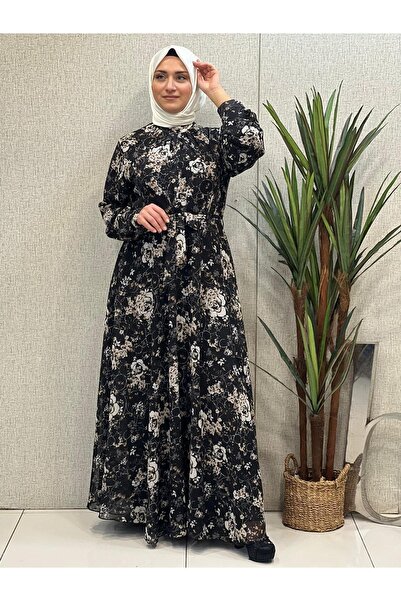 Butik büyük beden Rochie cu imprimeu din sifon cu centura