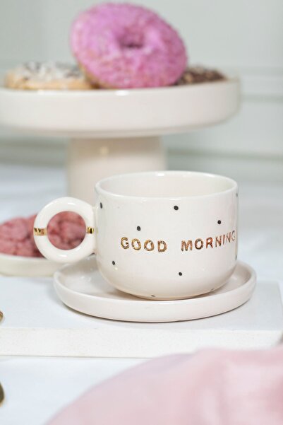 ada mia seramik Good Morning Benek Desenli Özel Tasarım 24k Altın Dekorlu El Yapımı Seramik Mug 200ml