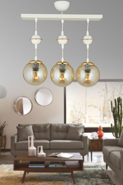 SONSUZ AYDINLATMA&AVİZE Row of White 3-Piece Bal Glop Top Glass Downward Facing Luxury Chandelier