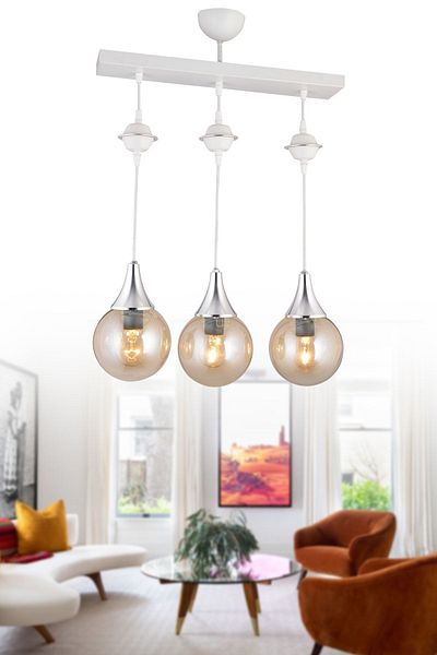 SONSUZ AYDINLATMA&AVİZE Pendant Lamp Row Tray White 3-Piece Bal Glop Top Glass Chrome Downward Facing Luxury Chandelier