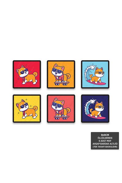 Hayal Poster BA1007 - طقم أكواب خشبية على شكل ثعلب لركوب الأمواج MDF 6 قطع (9x9 سم)