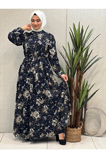 Butik büyük beden Rochie cu imprimeu din sifon cu centura