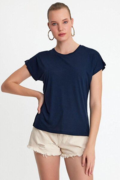 QUHOX Γυναικείο μπλουζάκι από ύφασμα μπαμπού με λαιμόκοψη Navy Blue