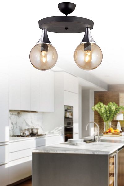 SONSUZ AYDINLATMA&AVİZE Black 2-Piece Plafonier Bal Glop Top Glass Chrome Downward Facing Luxury Chandelier