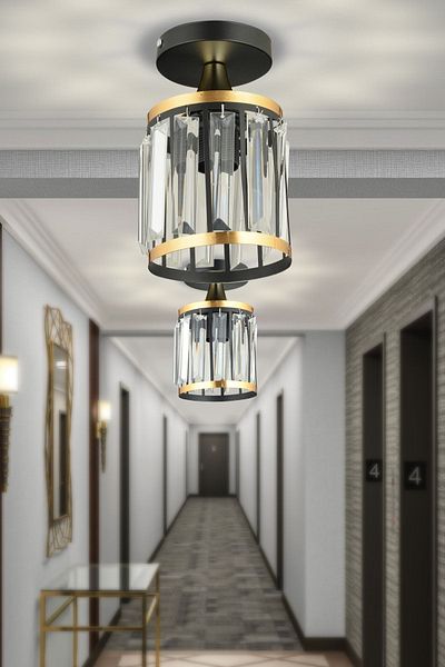 SONSUZ AYDINLATMA&AVİZE Single Black Crystal Stone Plafonier Yellow Striped Cylinder Downward Facing Luxury Chandelier