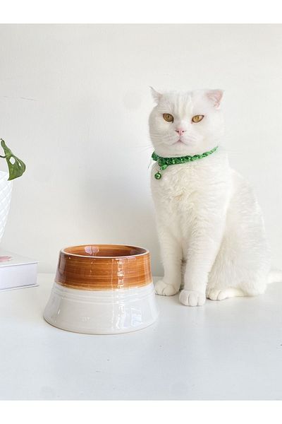 stilinbu Ceramic Cat And Dog Food Water Bowl Colorful Moon Bowl (White-Light Brown)