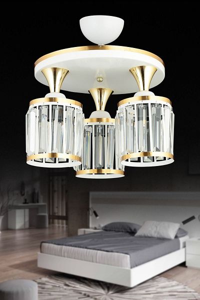 SONSUZ AYDINLATMA&AVİZE 3-Piece White Tray Crystal Stone Plafonier Yellow Striped Cylinder Downward Facing Luxury Chandelier