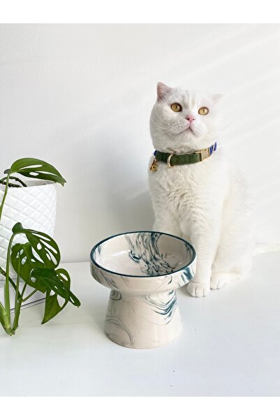stilinbu Seramik Kedi Ve Köpek Mama Su Kabı (yeşil Çizgili-ebru Desen-m2)