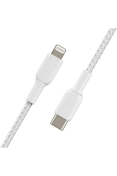 Belkin Braided USB-C to Lightning Cable for Fast Charging, (iPhone 15 or Earlier) MFi-Certified, 2m, White