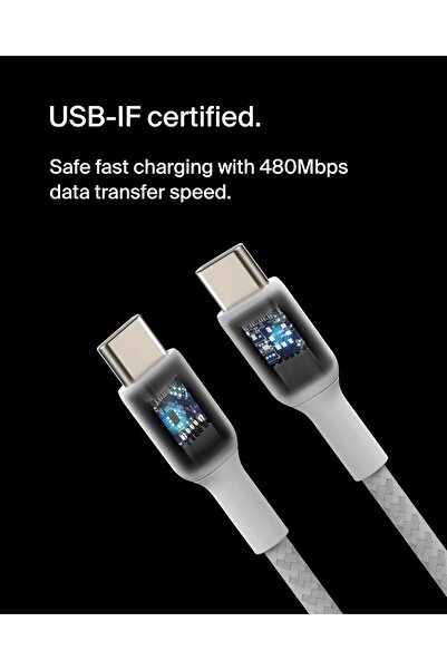 Belkin BoostCharge Braided USB C Fast Charger Cable - iPhone 15,Samsung Galaxy S24, iPad, MacBook, 1m,White
