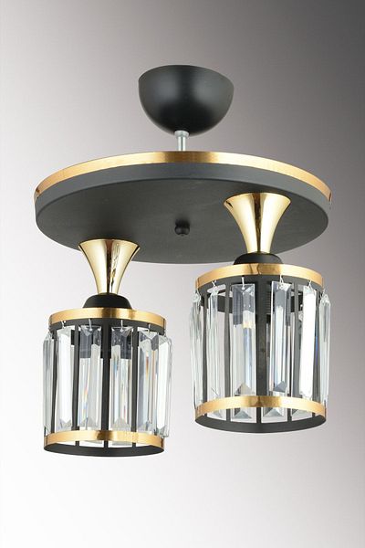 SONSUZ AYDINLATMA&AVİZE 2-Piece Black Tray Crystal Stone Plafonier Yellow Striped Cylinder Downward Facing Luxury Chandelier