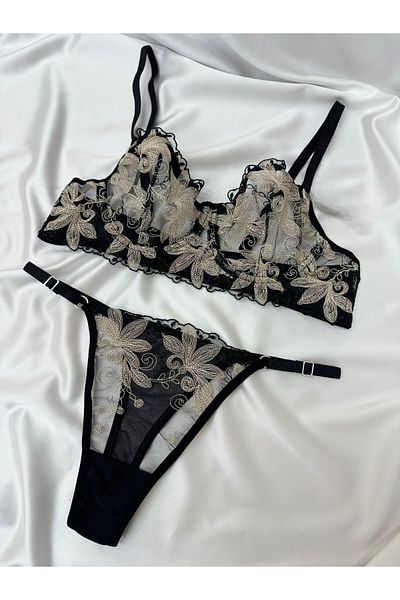Qvien Secret Γυναικείο σέξι μαύρο μοτίβο με κέντημα Bralet και εσώρουχα Σετ εσώρουχα με δαντέλα