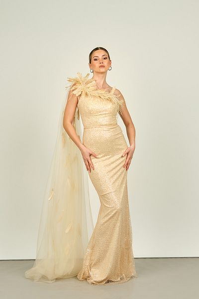 ÖMÜR INN One-Shoulder Tulle Cape Fish Form Women's Evening Dress - Ömür Inn 4222 Ten