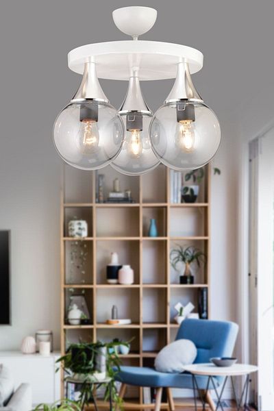 SONSUZ AYDINLATMA&AVİZE White 3-Plafone Smoked Glop Top Glass Chrome Downward Facing Luxury Chandelier