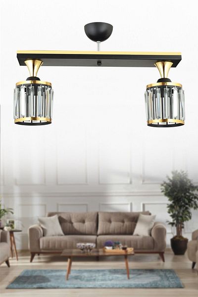 SONSUZ AYDINLATMA&AVİZE 2-Piece Black Row Crystal Stone Plafonier Yellow Striped Cylinder Downward Facing Luxury Chandelier