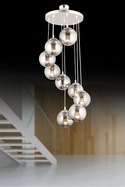 Kraliçe 9-Piece Smoked Globe Glass Chrome Pendant Lamp Tray - Straight Downward Facing Luxury Chandelier