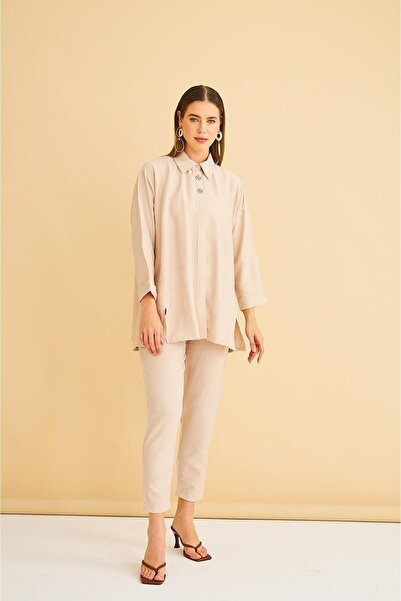 Basicpark Afra Stone Embroidered Linen Woven Stone Shirt Trousers Set