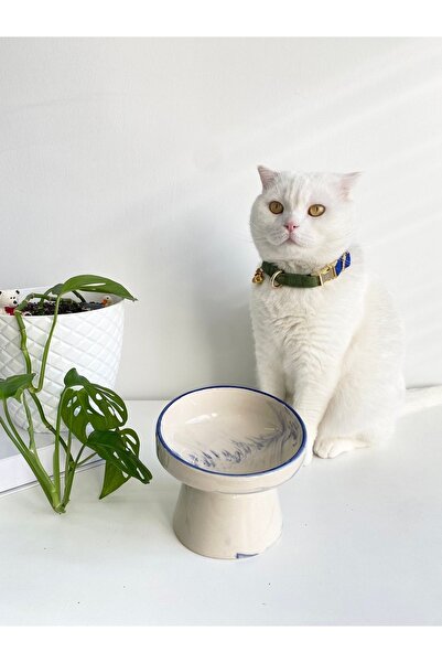 stilinbu Seramik Kedi Ve Köpek Mama Su Kabı (mavi Çizgili-ebru Desen-m2)