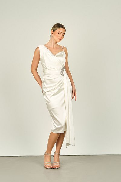 Dans Stone Embroidered Side Tail Ecru Araboy Women's Evening Dress 1510