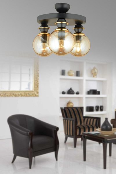 SONSUZ AYDINLATMA&AVİZE Black Triple Plafonier Bal Glop Top Glass Downward Facing Luxury Chandelier