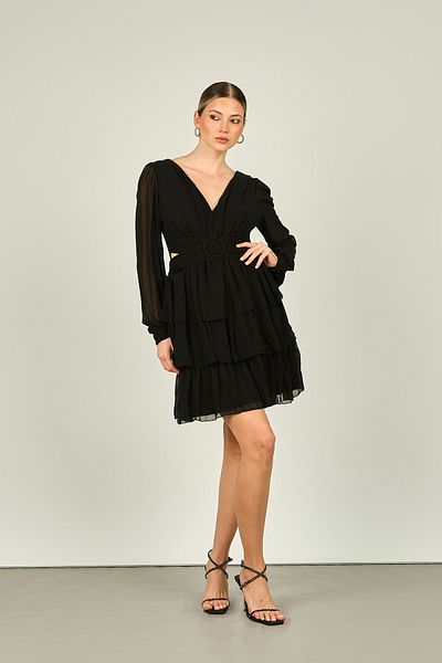 Dans Black Layered Skirt and Window Detailed Evening Dress 1298