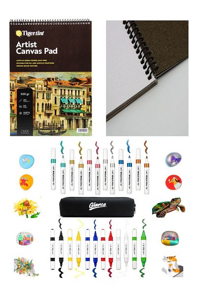 GLANCE Set of 12 - Artist Canvas Pad, Canvas Notebook, A4 10 Yp, Acrylic Metallic Marker, 6 Metallic and 6 Vibrant Colors