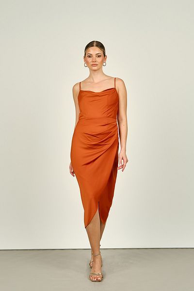 DORİDORCA Doridorca Brick Color Degaje Collar Women's Evening Dress 5923060