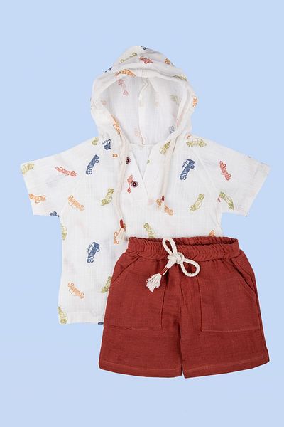 Baby 2-Piece Muslin Set for Baby Boy - Car Pattern, 100% Cotton, Hooded Top and Shorts