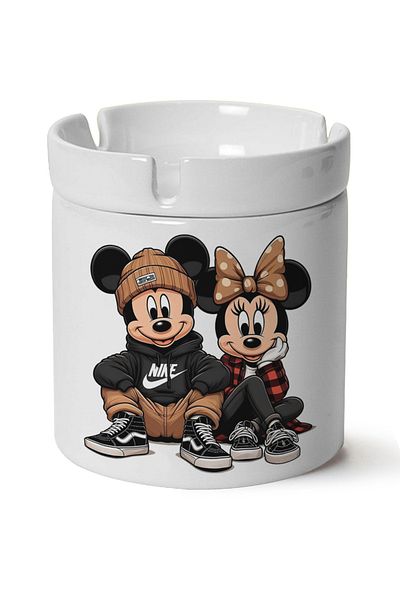 Çakilap Mickey and Minnie Mouse Printed Washable Porcelain Ashtray - Kp-Çf