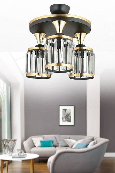 SONSUZ AYDINLATMA&AVİZE 3-Piece Black Tray Crystal Stone Plafonier Yellow Striped Cylinder Downward Facing Luxury Chandelier