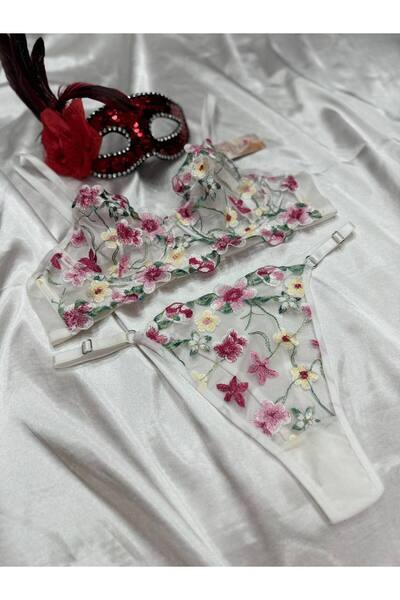 SiaLess Lingerie Set de sutien și chiloți cu broderie cu imprimeu floral ecru sexy pentru damă