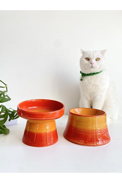 stilinbu Seramik Kedi Ve Köpek Mama Su Kabı (TURUNCU & COLORFUL MOON TURUNCU- GÖKKUŞAĞI- 2'Lİ)