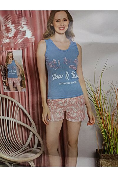 Lila Kadın  Kalın Askılı Mavi Kahve Şortlu Pijama Takımı