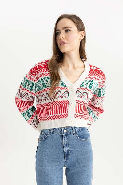 DeFacto Strickjacke mit V-Ausschnitt und Knopfleiste mit Neujahrsmotiv A5433ax23cw