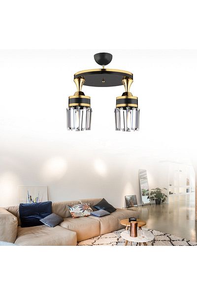 SONSUZ AYDINLATMA&AVİZE Tokyo 2-Piece Black Plafone, Crystal Stone, Yellow Stripe Cylinder Downward Facing Luxury Chandelier