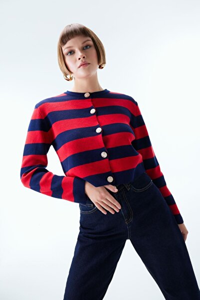 DeFacto Crew Neck Striped Pique Cardigan - Regular Fit A4881ax23wn