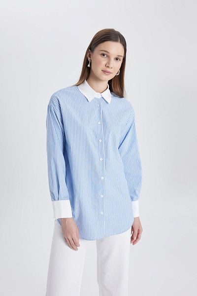 DeFacto Ποπλίνα ριγέ Relax Fit Μακρυμάνικο πουκάμισο Tunic - C4099AX24SP