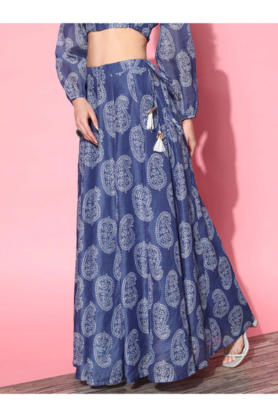 Sassafras By Styli Chanderi Paisley Print Flared Maxi Skirt