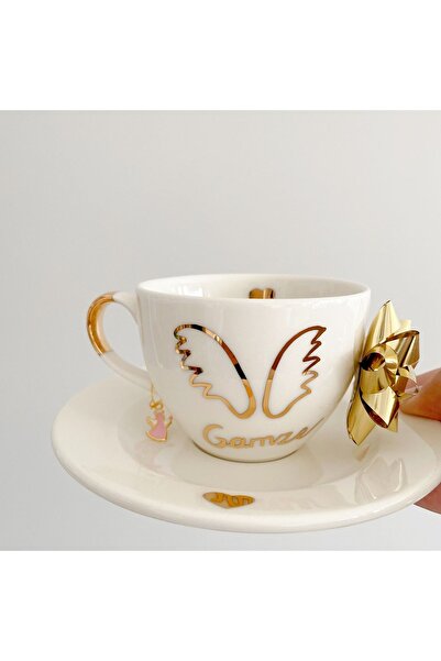 Mugtasarım 24k Altın Yaldızlı Küpeli Porselen Nescafe Fincanı (İSİM DEĞİŞİKLİ...