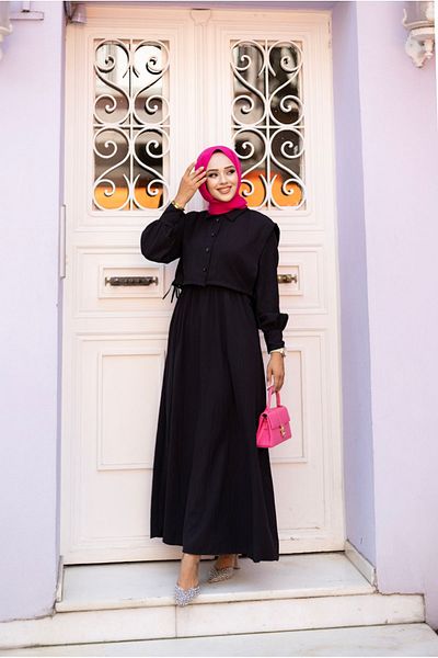 Tesettür Diyarı Γυναικείο φόρεμα Hijab Clothing - Cepken Detailed, Lizza Fabric, 135cm Ύψος, Μαύρο