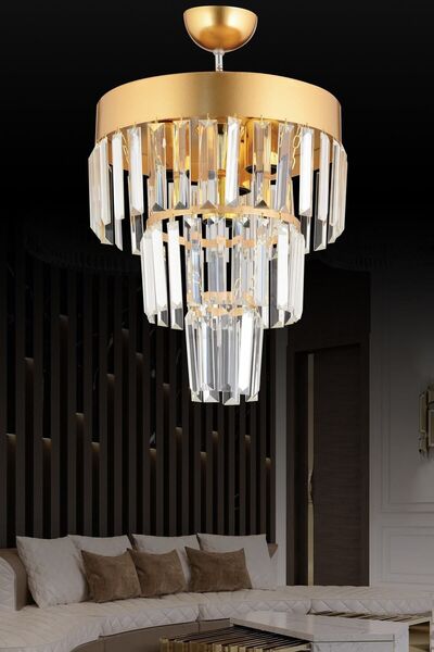 Docklight Roma 3'lü Katlı Gold Kristal Taşlı 30'luk Modern Avize
