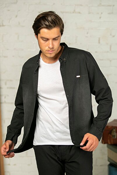 BAYEFENDİ Likralı Slim Fit Siyah Kot Gömlek