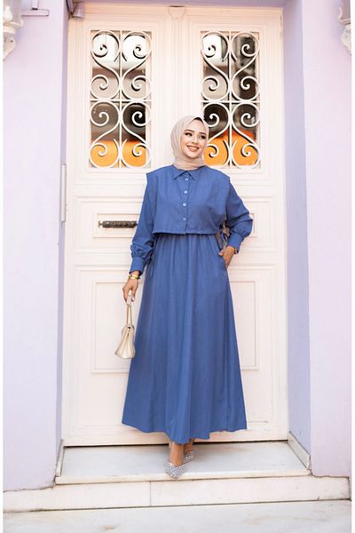 Tesettür Diyarı Indigo Lizza Fabric Double Hijab Φόρεμα - Λεπτομέρεια Cepken, Ύψος: 135cm