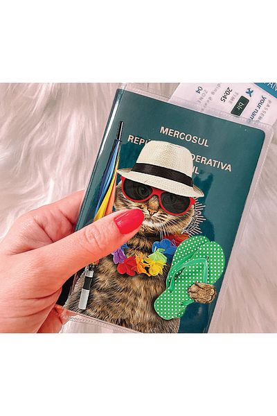 Cekuonline Transparent PVC Printed Passport Cover Case for Vacationist Cat - with Pocket