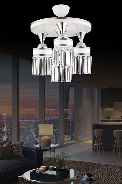 SONSUZ AYDINLATMA&AVİZE Tokyo 4-Piece White Plafone, Crystal Stone, Chrome Strip, Cylinder Downward Facing Luxury Chandelier