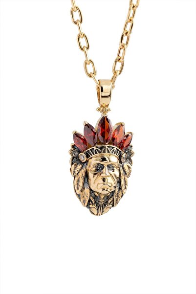 Cenova Jewelry 14 Ayar Altın Kızılderi Figürlü El Yapımı Tasarım Erkek Kolyesi
